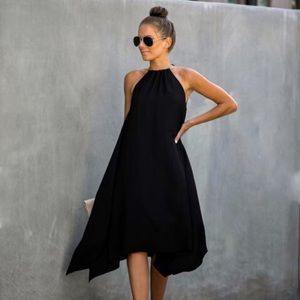 Vici black midi dress with gold neck ring detail